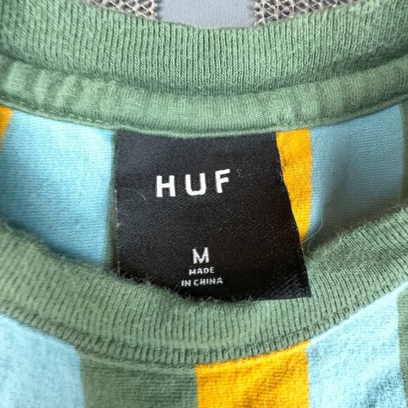 HUF Worldwide Striped T-Shirt Medium Green Yellow Blue Streetwear Skate - Picture 6 of 8